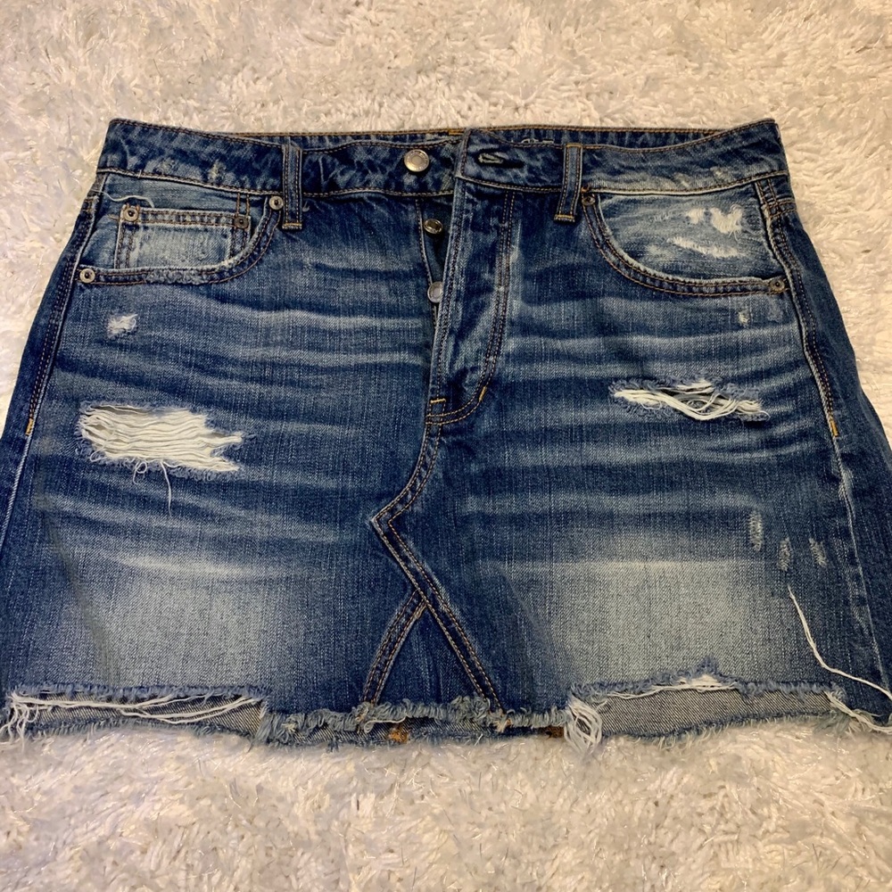 Distressed Button Fly Denim Skirt